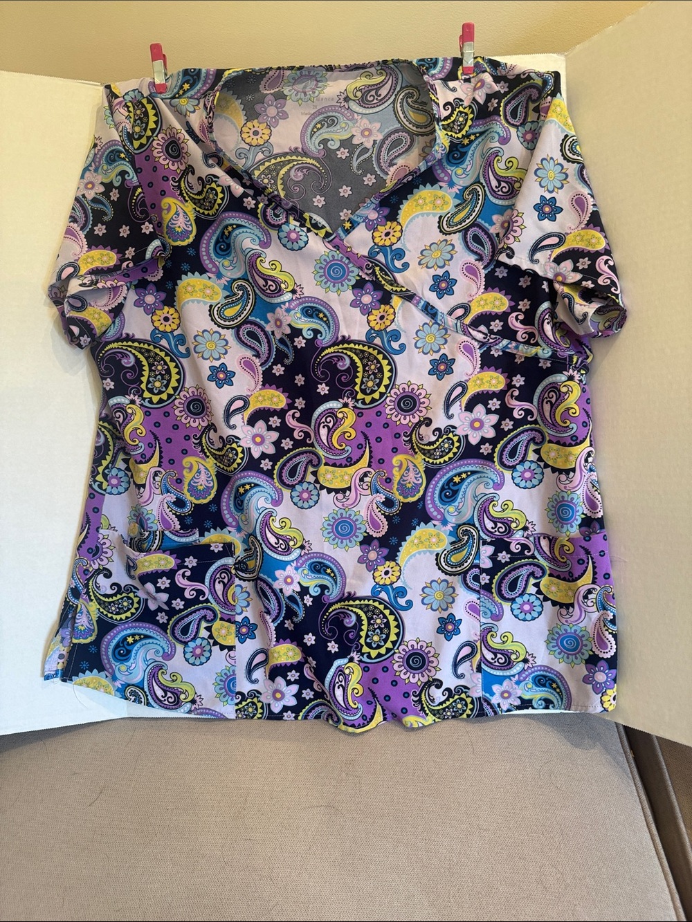 Paisley-Print V-Neck Women’s Scrub Uniform  Top in Purple and Black